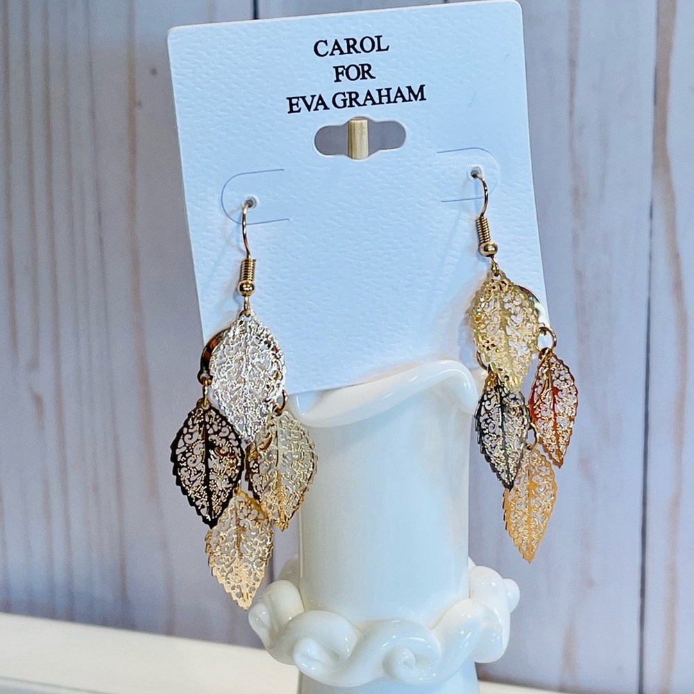 Carol for Eva Graham Gold Lace Leaf Dangle Earrings